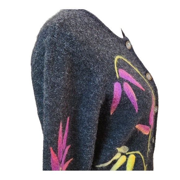 Vtg Talbots Womens Cardigan Sweater Sz Small Charcoal Gray Wool & Felt Leaf Top - Picture 7 of 16